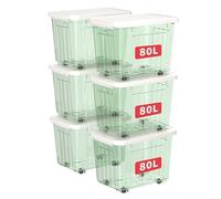 Cetomo 80L*6 Cajas de Almacenamiento con Tapas, Contenedores de Plástico con Ruedas, Clip On, Apilables, Encajables, Organizador Rayado para Oficina en Casa, Verde Claro, 80L-6 Pack