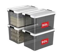Cetomo 90L*4 Caja de Almacenamiento, Caja de Plástico con Tapa y Cierre Seguro, Contenedor de Almacenamiento Grande, Duradera, Apilable, Resistentes, Negro Transparente, Paquete de 4 de 90L