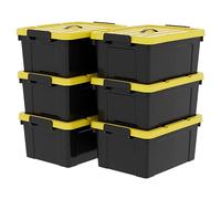 Cetomo Caja de almacenamiento de plástico con tapas, asa y hebillas de cierre para herramientas al aire libre, jardín, garaje, hogar, duradera, resistente, apilable, anidable, negro y amarillo, 35 L