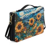 Ceudet A A - Funda para Biblia con correa para el hombro, bolsa de cuero para la Biblia con cremallera de asa, soporte portátil para Biblia, negro y rojo, tamaño L, Girasol azul y naranja, X-Large
