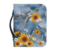 Ceudet Funda de cuero para Biblia con una cubierta de la Biblia pequeña de cuero con asa y fundas de la Biblia con cremallera para estudio bíblico católico AGifts, Girasol de mármol azul, Large