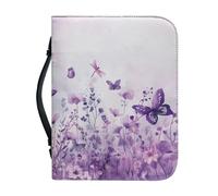Ceudet Funda de cuero para Biblia con una cubierta de la Biblia pequeña de cuero con asa y fundas de la Biblia con cremallera para estudio bíblico católico AGifts, Mariposa púrpura lavanda 5, L