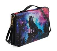 Ceudet Funda de cuero para la Biblia para mujeres y hombres, funda ligera para la Biblia con correa, bolsa impermeable para la Biblia con asas, Galaxy Wolf Forest - Negro y azul, L