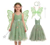 CEWIFO Disfraz de Campanilla para niña, vestido de princesa con alas de hadas, 2 pares de orejas de elfo, guirnalda de hadas, disfraz de hadas para cumpleaños, carnaval, Pascua