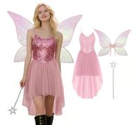 CEWIFO Disfraz de hada para mujer, disfraz de Campanilla con lentejuelas, vestido de elfo con alas de hada de mariposa, disfraz de hada del bosque, disfraz de hada de las flores, disfraz de hada de
