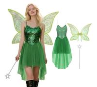 CEWIFO Disfraz de hada para mujer, disfraz de Campanilla con lentejuelas, vestido de elfo con alas de hada de mariposa, disfraz de hada del bosque, disfraz de hada de las flores, disfraz de hada de
