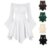 CEWIFO Disfraz de pirata para mujer, blanco, vestido de pirata, disfraz de carnaval, sin hombros, pelele pirata, disfraz de mujer, manga larga, volantes, elegante, minivestido boho blanco, vestido