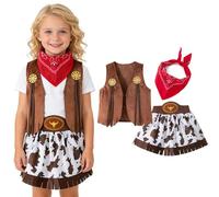 CEWIFO Disfraz de vaquero para niños, 3 piezas, juego con pañuelo para el cuello, carnaval, cowgirl, disfraz para niña, carnaval, fiesta temática, marrón, 8-9 años