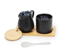 CEWROM Juego de leche y azúcar con tapa y cuchara, jarra de leche de cerámica y azucarero con bandeja de madera, jarra de leche, lavavajillas y microondas (negro)