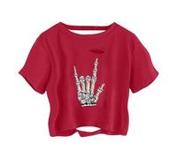 Cexiakong Camiseta para mujer con estampado de esqueleto, camiseta deportiva de manga corta, cuello redondo, camiseta de verano, holgada, túnica recortada, transpirable, camiseta para correr, informal