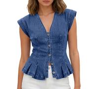 Cexiakong Chaleco vaquero para mujer, chaleco vaquero con cuello de pico, pantalones vaqueros cortos, chaquetas, tops, sin mangas, Y2K, con tira de botones, chaleco de ocio, hippie, clásico, chaleco