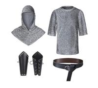 Cexiakong Juego de 5 piezas de malla de malla renacentista, túnica, camisa, caballero medieval, disfraz medieval, traje medieval, tirantes para cintura, color plateado