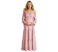 Cexiakong Maternity Dress - Vestido de maternidad para mujer, con hombros descubiertos, con mangas abullonadas, vestido largo para el tiempo libre, con volantes, con abertura lateral, vestido de