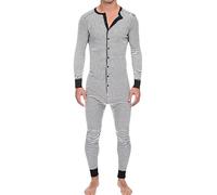 Cexiakong Mono para hombre a rayas, fino, ligero, transpirable, pijama de una pieza, cómodo, corte ajustado, traje de casa, traje de casa, largo, suave, ropa de noche, manga larga, mono, Blanco, L