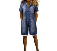 Cexiakong Mono para mujer, pantalones vaqueros cortos, mono de manga corta, monos de una pieza, de pierna ancha, vaquero, vintage, desgastado, con cuello de solapa, holgado, traje de pantalón