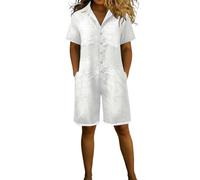 Cexiakong Mono para mujer, pantalones vaqueros cortos, mono de manga corta, monos de una pieza, de pierna ancha, vaquero, vintage, desgastado, con cuello de solapa, holgado, traje de pantalón