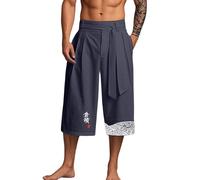 Cexiakong Pantalones de lino de estilo japonés para hombre, retro, medieval, de lino, pierna ancha, 7/8, pantalones de verano, kimono, ropa china, pantalones ligeros para el tiempo libre, pantalones