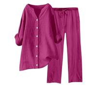 Cexiakong Traje de lino elegante de dos piezas para mujer, conjunto de verano, cuello en V, con tira de botones, blusa y pantalones largos anchos, cómodo, suave, transpirable, ropa de salón, monocolor