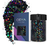 Ceya Brillo holográfico grueso, 3.5 onzas/100 g, polvo negro con purpurina mezclado, copos finos y gruesos, lentejuelas iridiscentes para arte de uñas, cabello, pintura, decoración de festivales