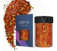 Ceya Purpurina holográfica gruesa, 4.2 onzas/120 g, polvo de purpurina naranja mixto de copos gruesos y finos, lentejuelas iridiscentes para arte de uñas, cabello, pintura, decoración de festivales