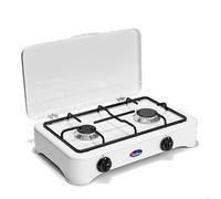 CF Parker Hornillo de gas con dos quemadores, gas, placas esmaltadas, 29 x 48 x 12 cm, 50 mbar, 3,8 kg, protección contra encendido, color blanco