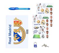 CF REAL MADRID Juego de Papelería para Niños, Incluye Cuaderno Boligrafo Pegatinas y Candado con Llaves, Regalo para Niños
