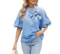 cffdviz Camisa Vaquera Vintage De Mujer De Manga Corta Casual Suelta con Cuello Y Lazo Delantero,Light Blue,XL