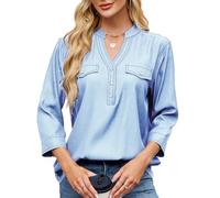 cffdviz Camiseta De Manga Corta para Mujer con Escote En V Verano Informal Holgada De Mezclilla Falsa Ligera con Botones Blusa Superior,Light Blue,XL