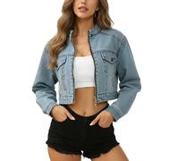 cffdviz Chaqueta De Mezclilla Corta Para Mujer Desgastada Y Lavada Manga Larga Con Cremallera,Azul,S