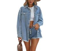 cffdviz Chaqueta De Mezclilla Para Mujer Lavada, Vintage Desgastada Con Dobladillo Desflecado Y Flecos,Azul,S
