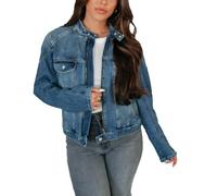 cffdviz Chaqueta Vaquera Corta de Mujer Vintage Desgastada con Cuello Alto y Botones,Azul,S