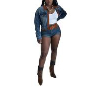 cffdviz Conjunto De Ropa Vaquera para Mujer Chaquetas Vaqueras De Manga Larga con Diseño Vintage De Bloques De Color Y Pantalones Cortos Vaqueros Ajustados Conjunto De 2 Piezas,Azul,S