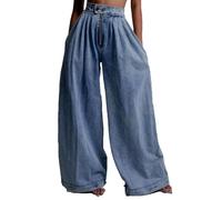 cffdviz Jeans De Mezclilla para Mujer De Talle Alto Holgados con Botón Puños Abotonados Casuales Vintage con Cremallera Y Pierna Ancha,Azul,L