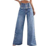 cffdviz Jeans De Pierna Ancha para Mujer De Cintura Alta Vintage con Botones Abertura En El Dobladillo Pantalones Vaqueros De Pierna Recta,Azul,M