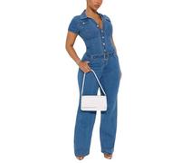 cffdviz Mono Corto Sexy De Mezclilla Para Mujer Con Mangas Cortas Ajuste Slim Botón Delantero Y Cinturón,Azul,XL
