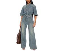 cffdviz Mono Vaquero De Mujer De Manga Corta Ajustado Cintura Ajustable Abertura En El Bajo Y Pantalón Campana,Light blue,XL
