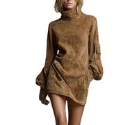 cffdviz Vestido De Mujer De Ante Sintético con Manga Larga Estilo Linterna Y Cuello Alto Vestido Vaquero Occidental,Latón,XS