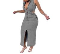 cffdviz Vestido Vaquero Bodycon para Mujer Sexy Sin Mangas Ajustado con Tajo En El Bajo Vestido Maxi De Mezclilla,Gris,M