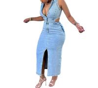 cffdviz Vestido Vaquero Bodycon para Mujer Sexy Sin Mangas Ajustado con Tajo En El Bajo Vestido Maxi De Mezclilla,Azul,S