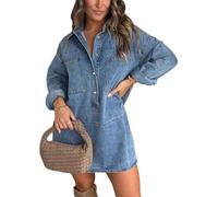 cffdviz Vestido Vaquero Vintage De Mujer con Manga Larga, Verano Holgado con Fisura En El Dobladillo Mini Vestido De Mezclilla,Azul,XL