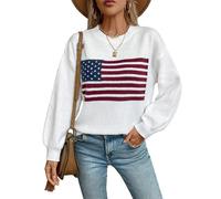 cffvdiz Cuello Redondo Bandera Americana Suéter Manga Larga Suelta Rayas USA Jersey Tops Otoño 2024,Blanca,M