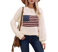 cffvdiz Cuello Redondo Bandera Americana Suéter Manga Larga Suelta Rayas USA Jersey Tops Otoño 2024,Apricot,M