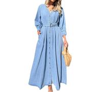 cffvdiz Light Blue,XL, Manga Larga De Las Mujeres Denim Maxi Vestidos V-Cuello Botón Abajo Una Línea Denim Vestido Largo con Cinturón