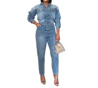 cffvdiz Mono De Mezclilla para Las Mujeres Sexy Slim Fit Manga Larga Cintura Alta Jean Jumpsuits Botón Abajo Cintura Elástica Larga Mameluco,Azul,S