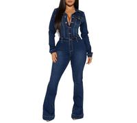 cffvdiz Mono De Mezclilla Sexy De Manga Larga Para Mujer Cintura Alta Slim Fit Stretch Flare Jean Jumpsuit Mamelucos Largos,Dark blue,L