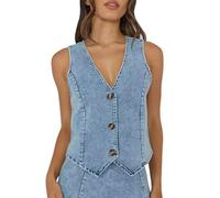 cffvdiz Mujeres Denim Chaleco Tops Sin Mangas V Cuello Botón Delantero Verano 2025 Slim Fit Jean Vest,Light blue,M