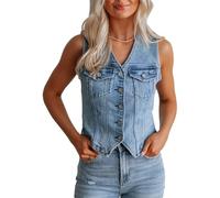 cffvdiz Mujeres Denim Chaleco Vintage Desgastado Sin Mangas Cuello En V Botón Hacia Abajo De La Cosecha Occidental Jean Chaleco Top,Light blue,L