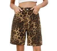 cffvdiz Pantalones Cortos de Verano de Las Mujeres Pantalones Cortos Bermudas Casual Vintage Leopard Print Denim Shorts,Marrón,M