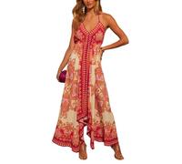cffvdiz Verano de Las Mujeres V-Cuello Halter Vestido De Playa Sin Mangas Impreso Vestidos De Una Línea,Rojo,M
