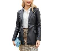 cffvdiz Womens Single Button Faux Leather Blazer Chaqueta Entallada Solapa Trabajo Casual PU Cuero Outwear Abrigo,Negro,S
